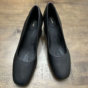 Clarks Ladies Sheer55 Court Black Leather‎ Court Heel Shoe Size 10M Comfort Work